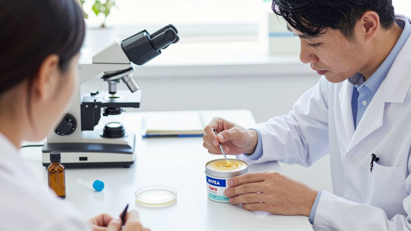 Científicos en laboratorio analizan crema con herramientas. Microscopio cercano y frasco ámbar sobre la mesa.