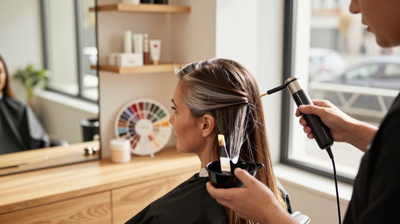 Mujer en peluquería recibiendo tratamiento capilar, mientras un estilista aplica tinte en su cabello con brocha.