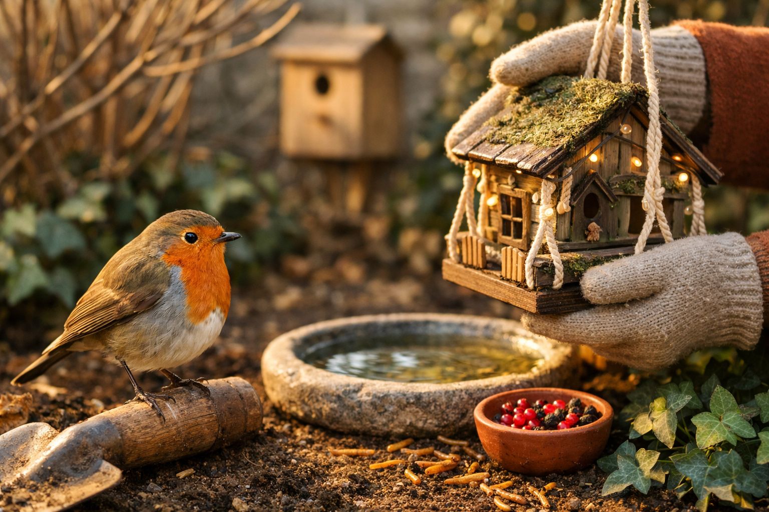 Hombre alimentando petirrojos en un jardín con gusanos y bayas sobre una mesa cerca de un comedero y una casita de pájaros.