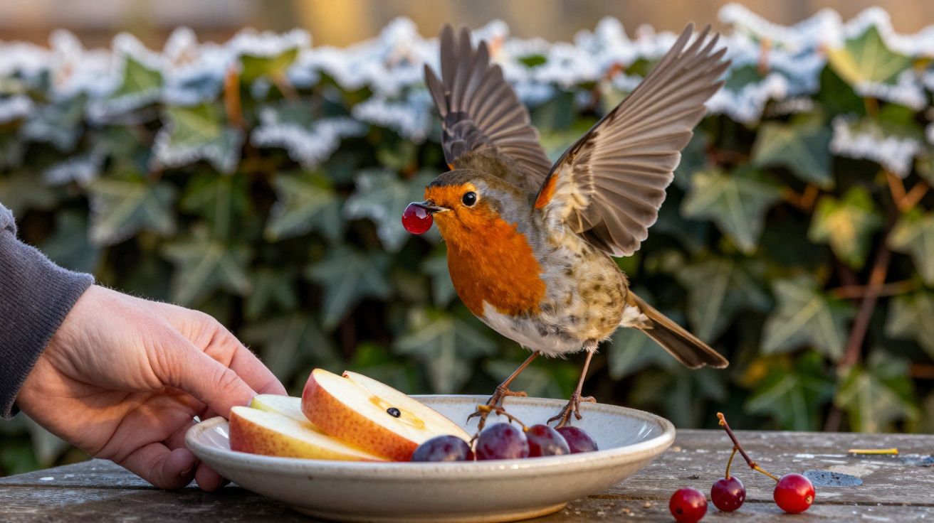 Petirrojo con cereza en el pico sobre plato con frutas, mano colocándolas. Fondo de hiedra.