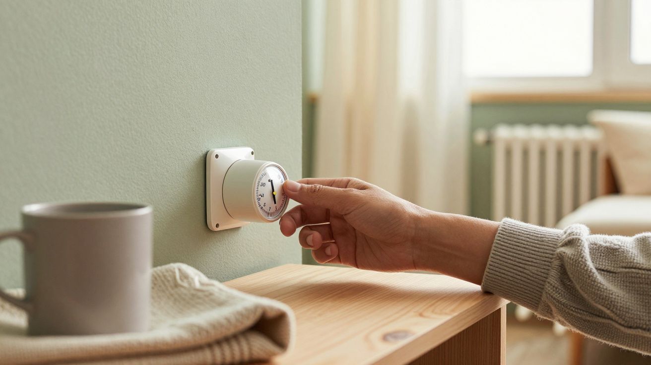 Mano ajustando un termostato en la pared de una sala iluminada, junto a una taza sobre una mesa de madera.