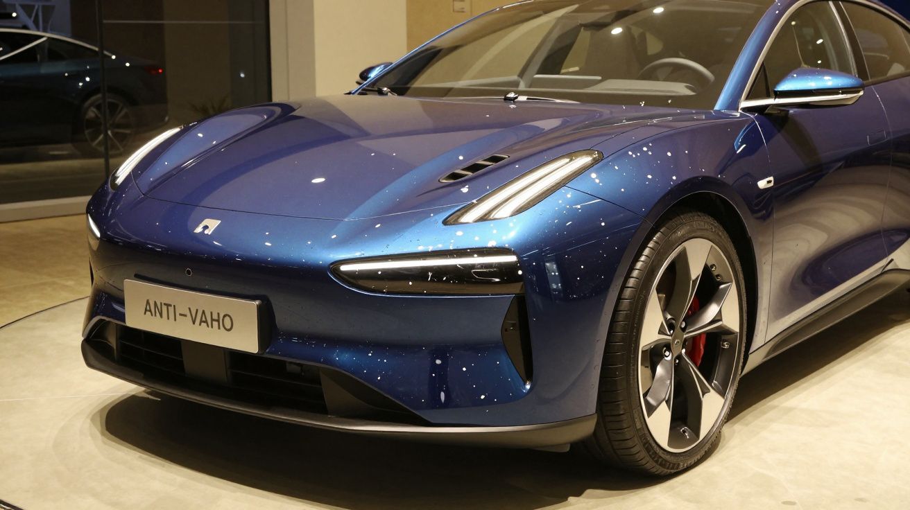 Coche deportivo azul eléctrico en exposición, matrícula "ANTI-VAHO", con diseño aerodinámico y faros elegantes.