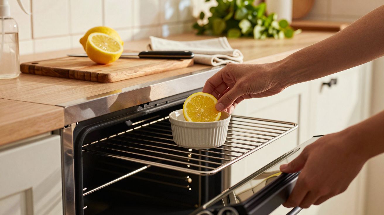Persona colocando un limón en un cuenco dentro del horno, con una tabla de cortar y cuchillo al fondo.