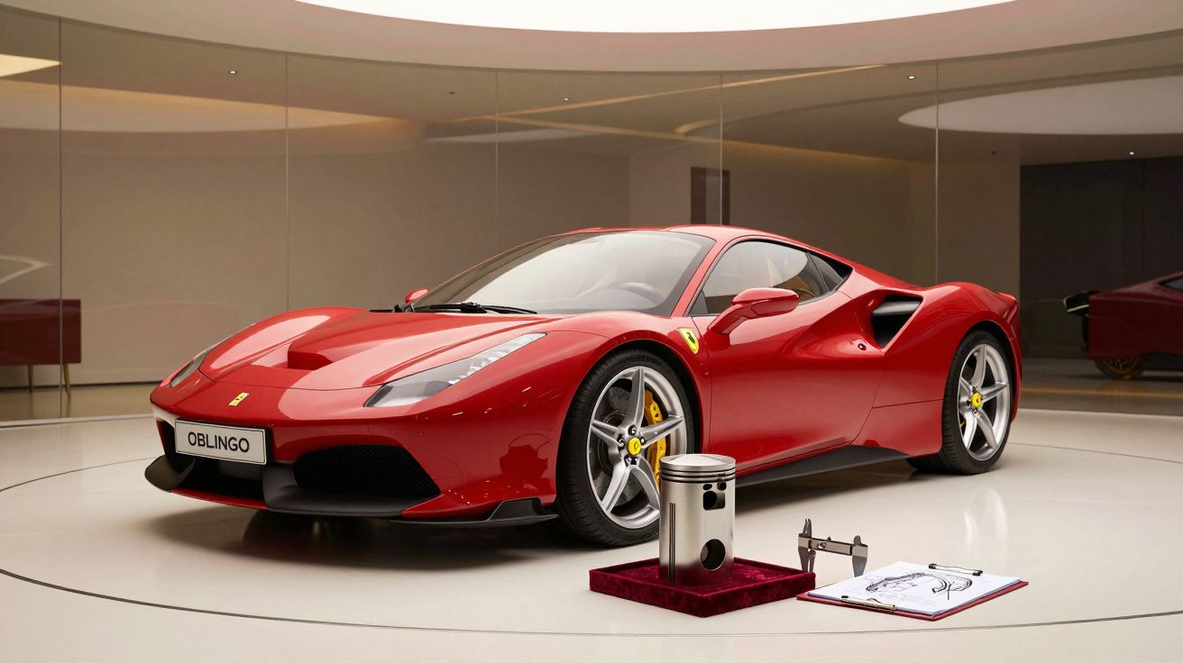 Coche deportivo rojo en exposición, con piezas de motor y documentos en el suelo.