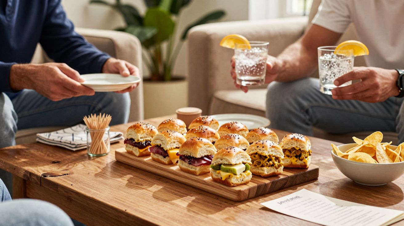 Bandeja de mini hamburguesas en mesa de café, rodeada de bebidas y aperitivos, con personas sentadas a su alrededor.