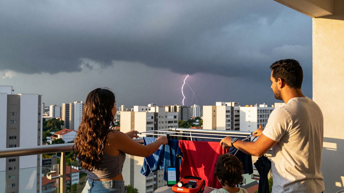 Personas observan un rayo desde un balcón, con ropa secándose, edificios al fondo y cielo nublado.