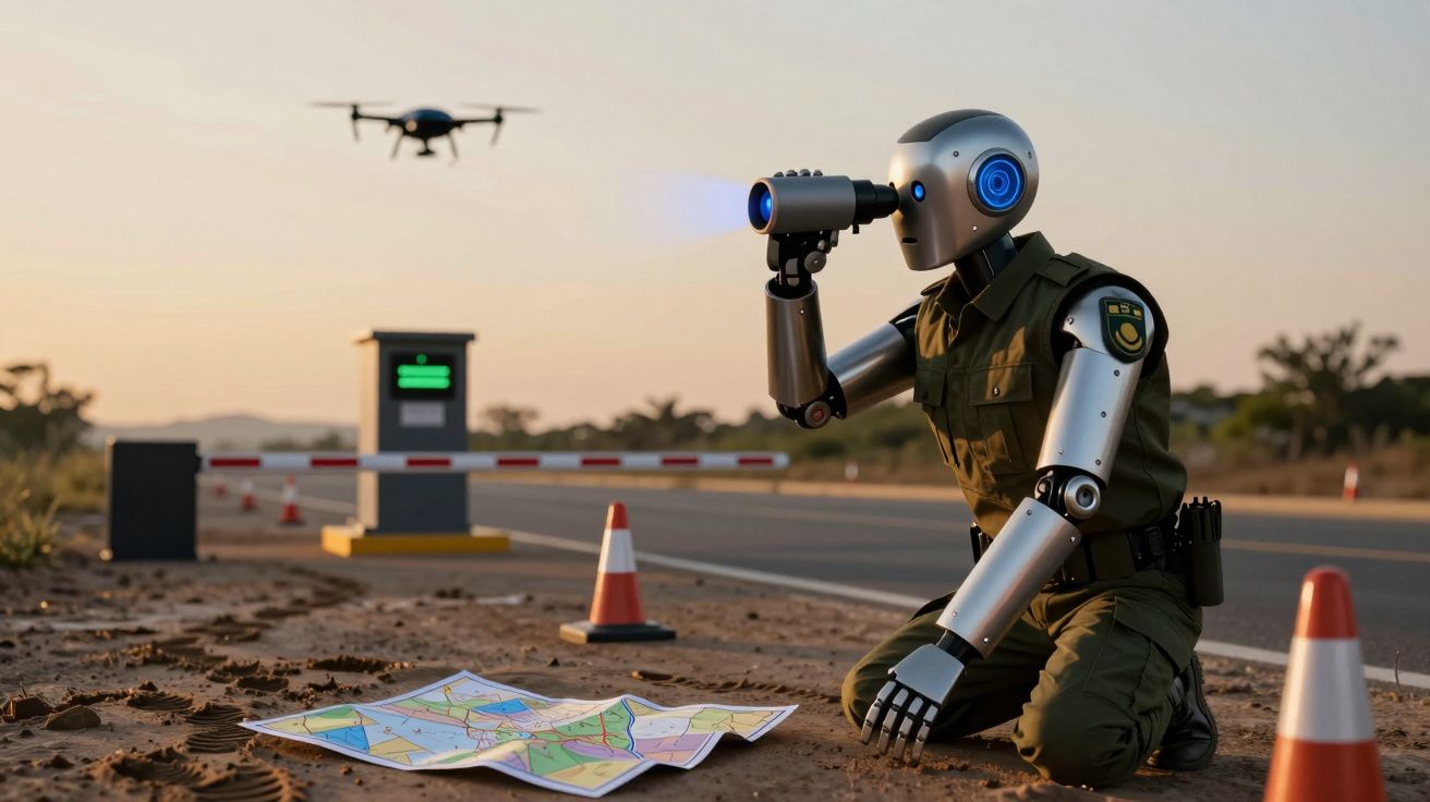 Robot en uniforme observa con prismáticos mientras un dron vuela cerca de una carretera, con mapa en el suelo.