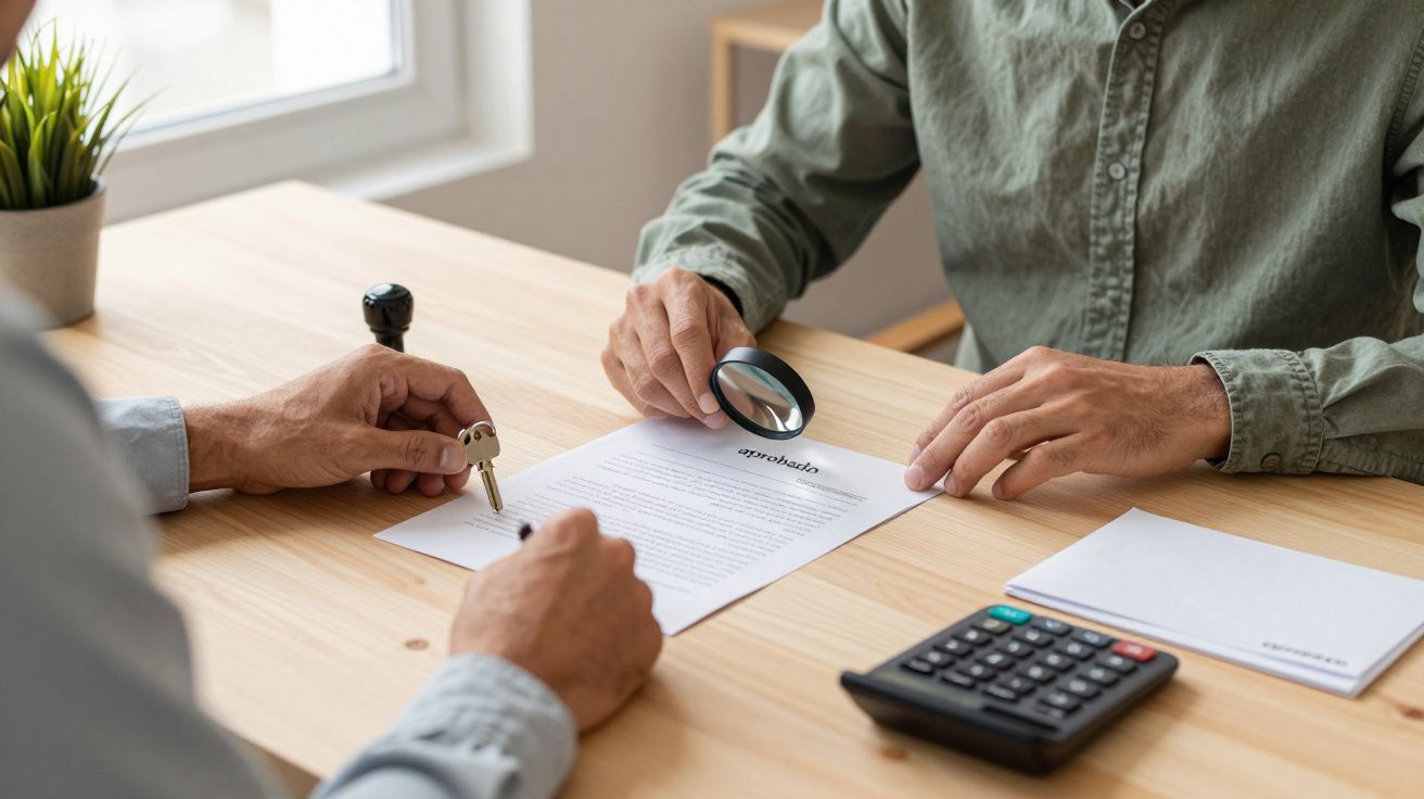 Persona revisando documento con lupa mientras otra firma. Calculadora y sobre en la mesa.