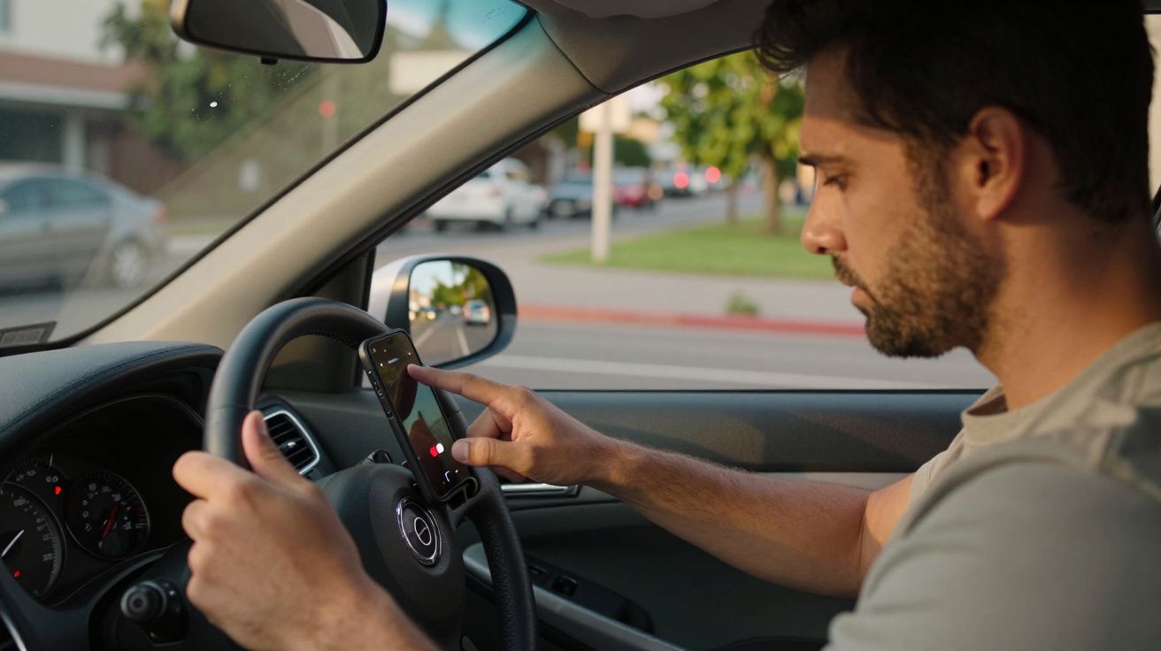 Hombre usando un teléfono móvil mientras conduce un coche en una calle urbana.