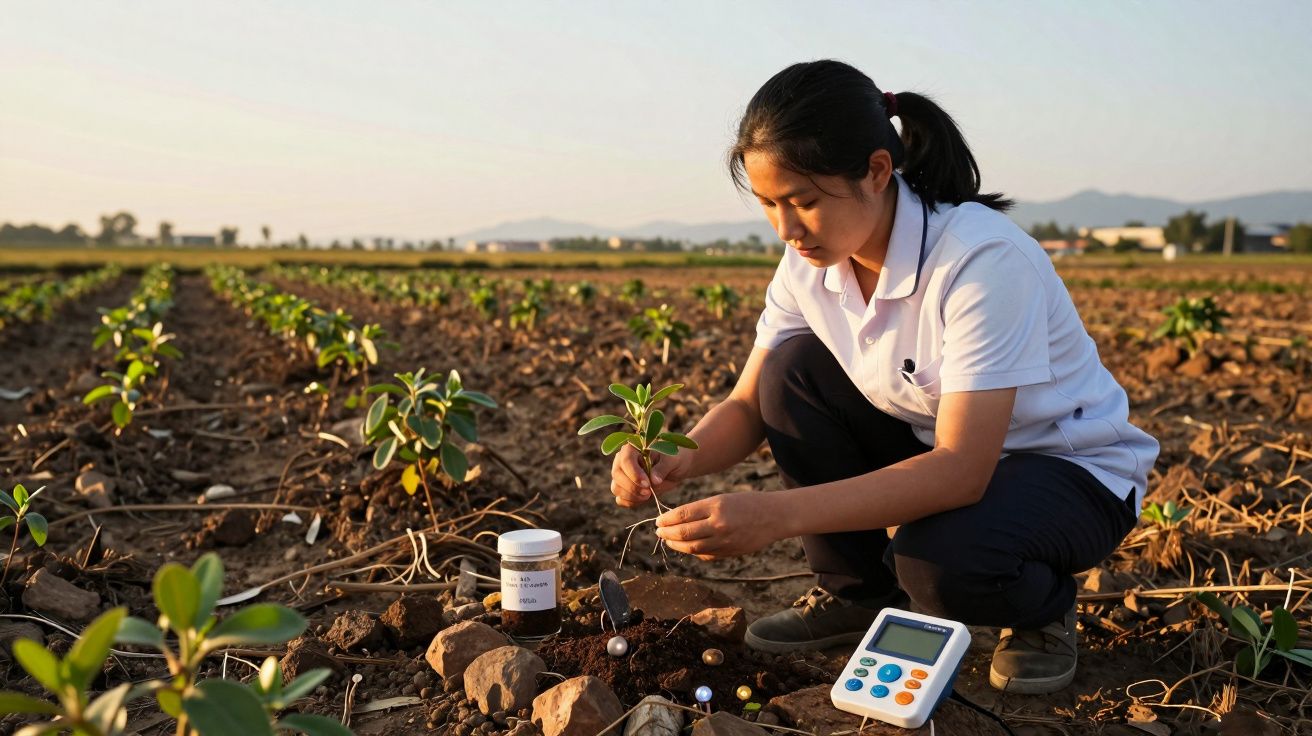 Mujer joven analiza una planta en un campo agrícola usando equipo científico al atardecer.