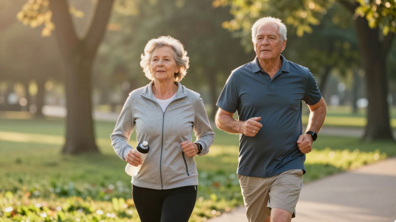 Pareja mayor practicando jogging en un parque soleado, rodeados de árboles verdes.