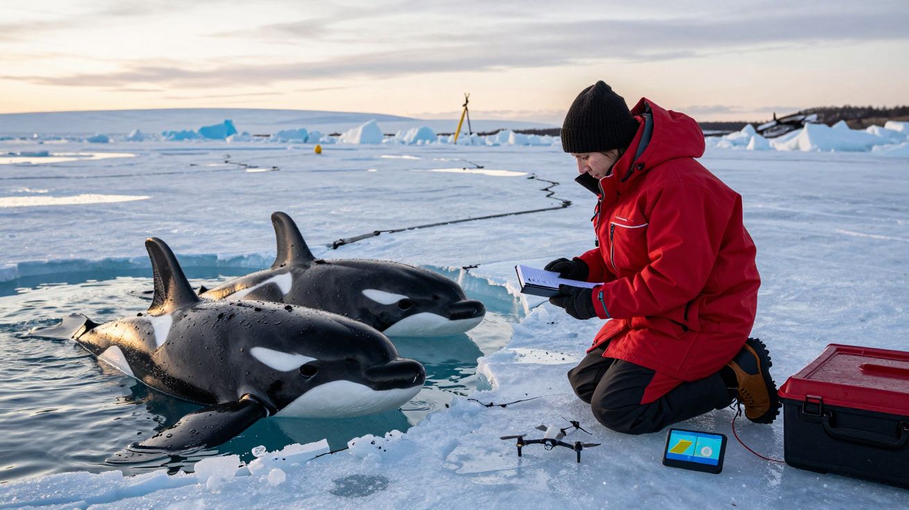 Investigador en el Ártico observa dos orcas emergiendo entre el hielo mientras toma notas en un cuaderno.