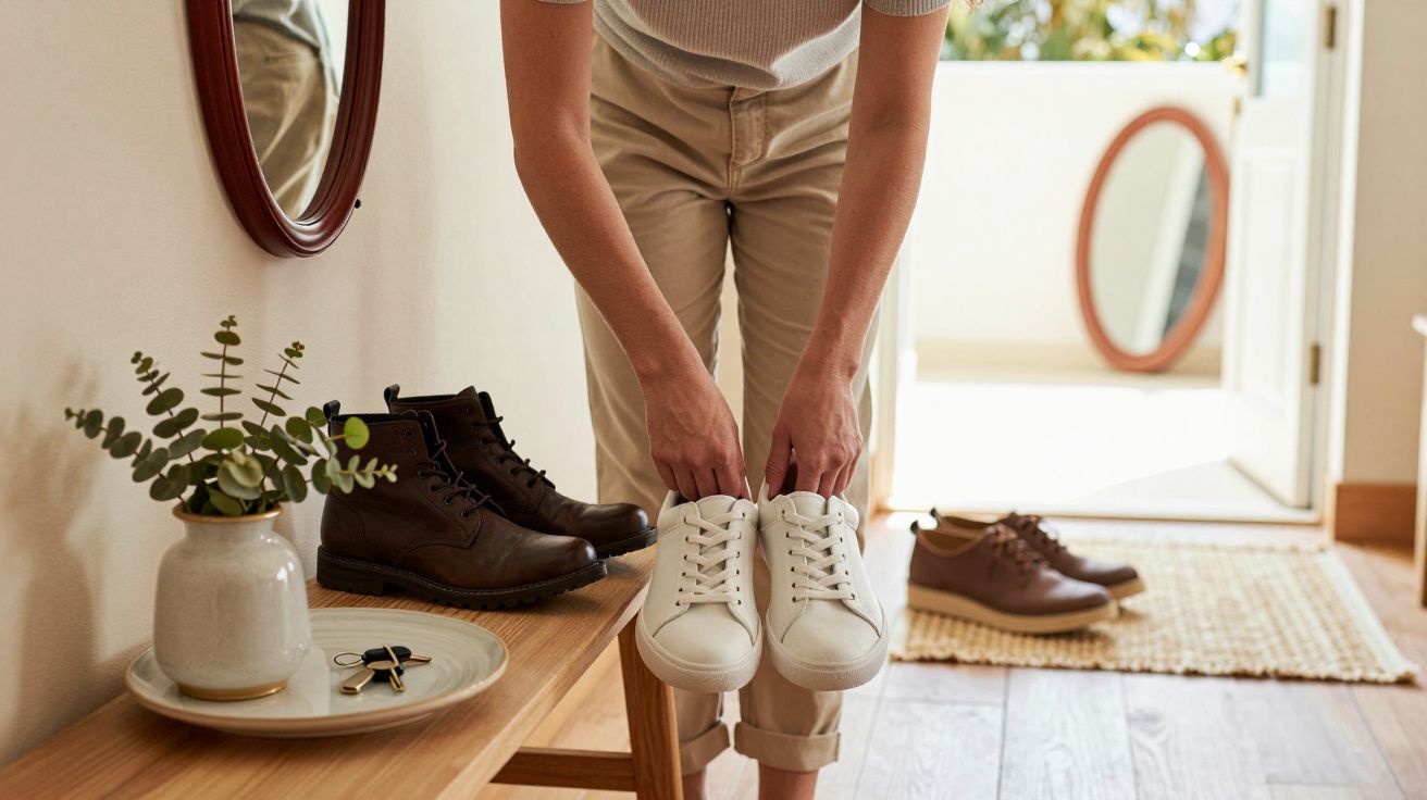 Persona en pasillo sosteniendo zapatillas blancas, con botas y planta en banco de madera.