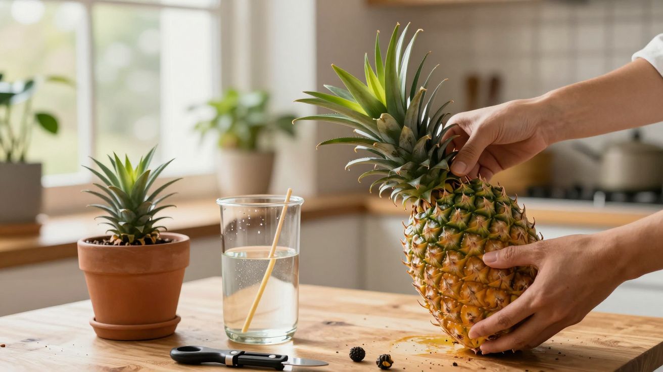 Manos sosteniendo una piña sobre una mesa de madera, junto a un vaso de agua y una pequeña planta en maceta.
