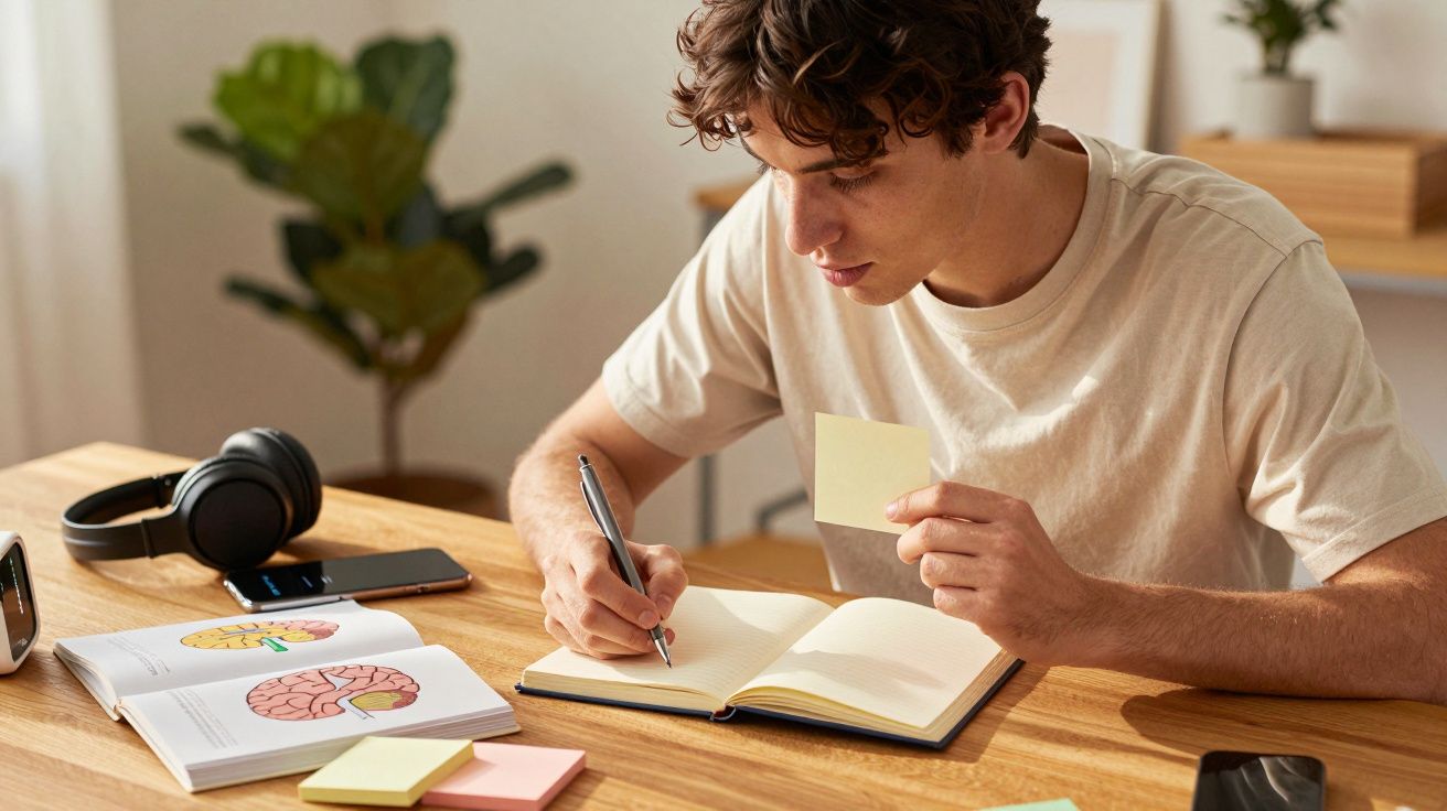 Joven estudiando en escritorio de madera, rodeado de libros, notas adhesivas y auriculares.