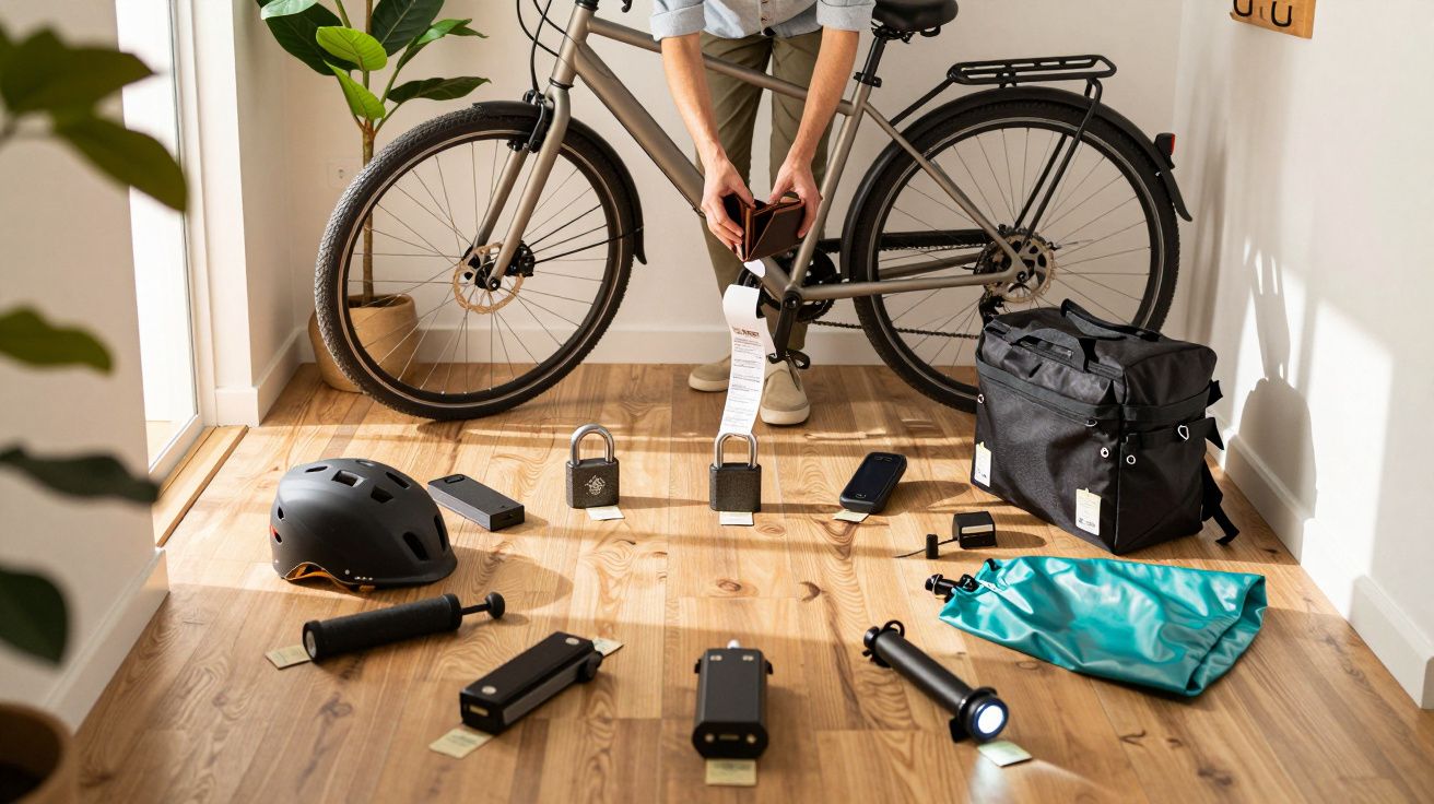 Hombre ajustando bicicleta rodeada de accesorios ciclistas sobre suelo de madera, incluyendo casco, luces y candados.