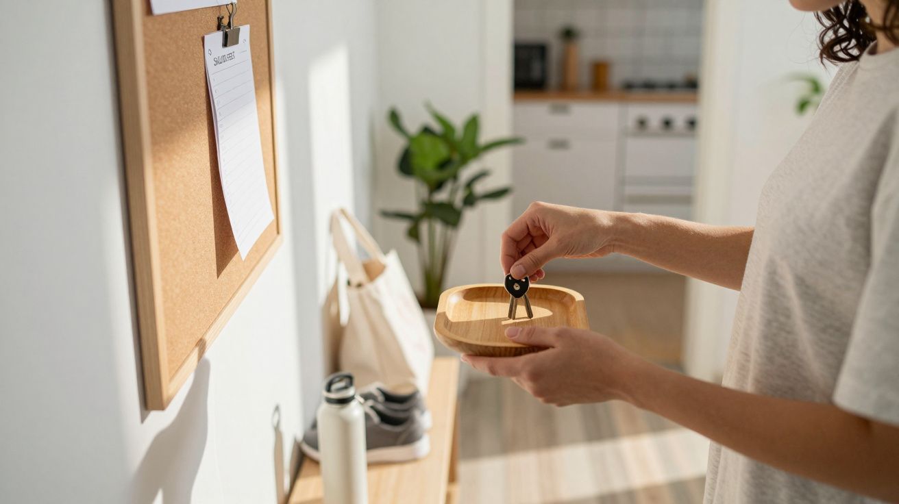 Persona dejando llaves en un plato de madera en la entrada de una casa, junto a un tablón de corcho y una planta.