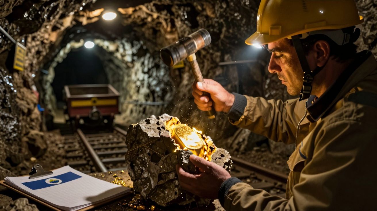Minero con casco y martillo, examinando roca brillante en túnel subterráneo con vagoneta y luces en el fondo.