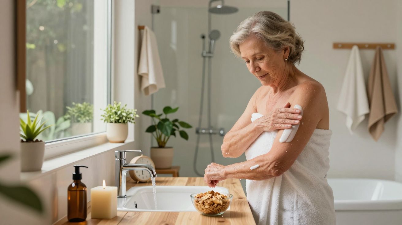 Mujer mayor aplicándose crema en el brazo en un baño luminoso, rodeada de plantas y artículos de cuidado personal.