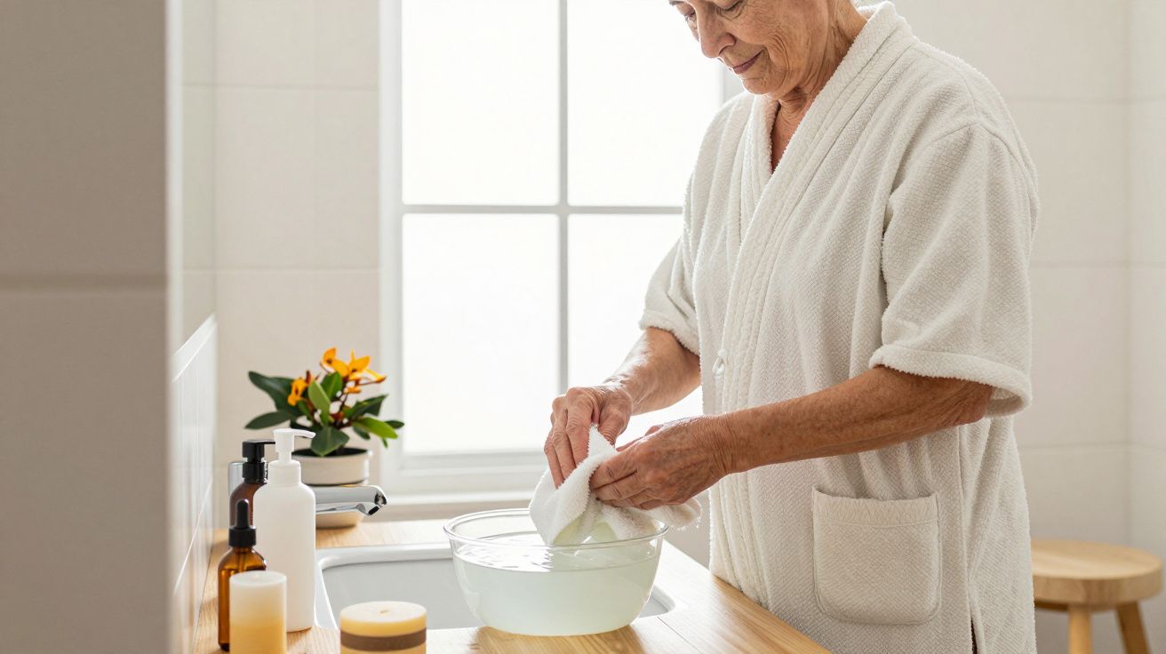 Persona mayor lavando un paño en un bol con agua en el baño, junto a una ventana y varios frascos.