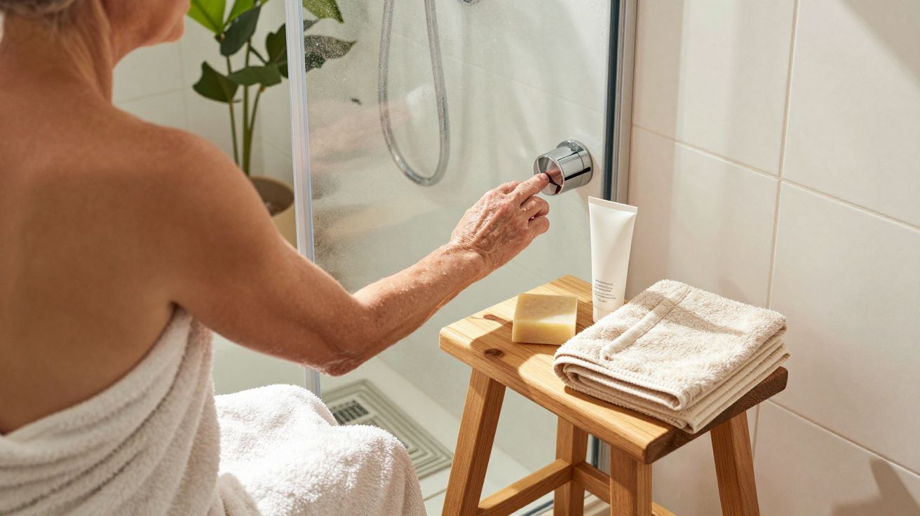 Persona con toalla ajustando grifo de la ducha, con toallas y jabón sobre un taburete de madera.