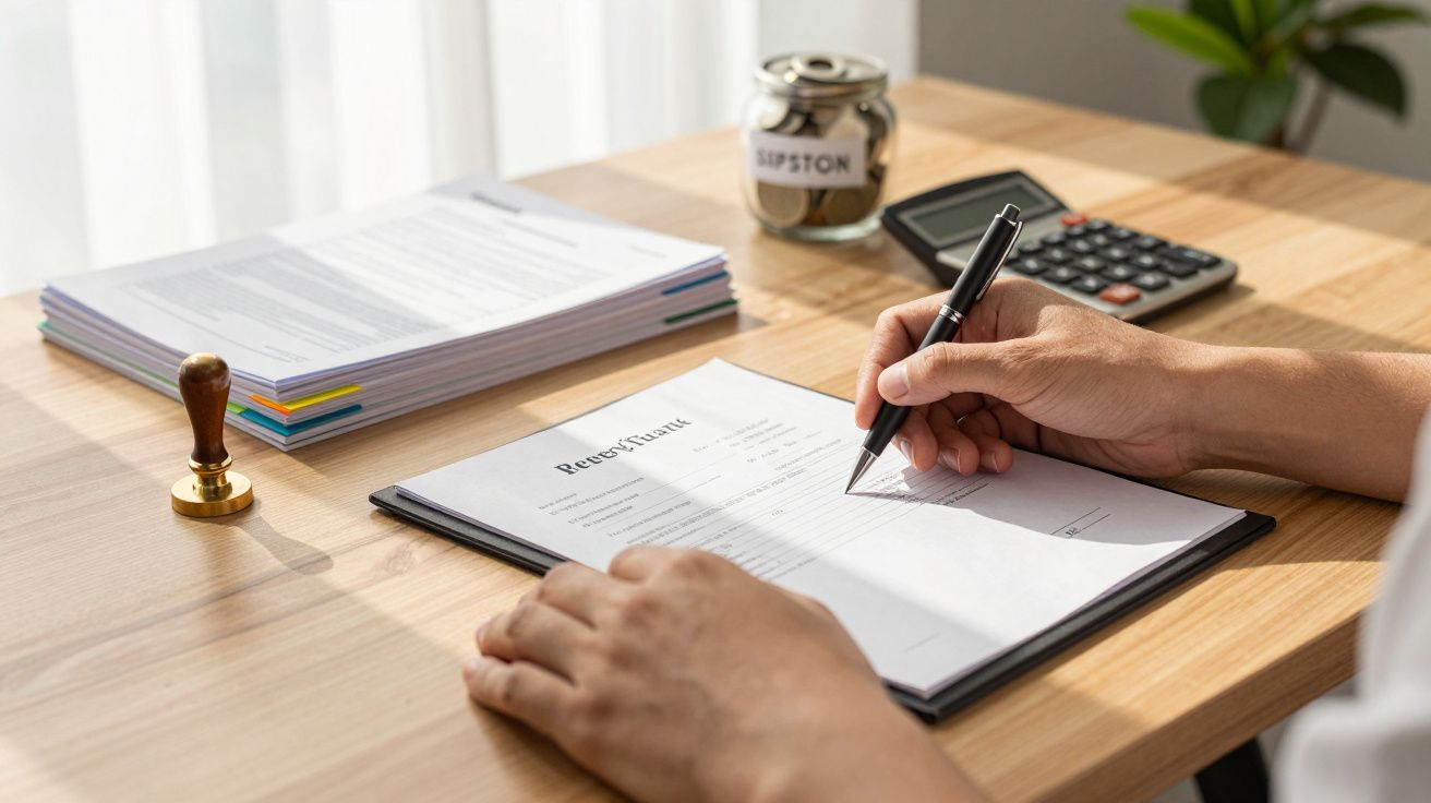 Persona llenando un formulario en una mesa, con una calculadora, papeles y un bote de ahorros cercano.