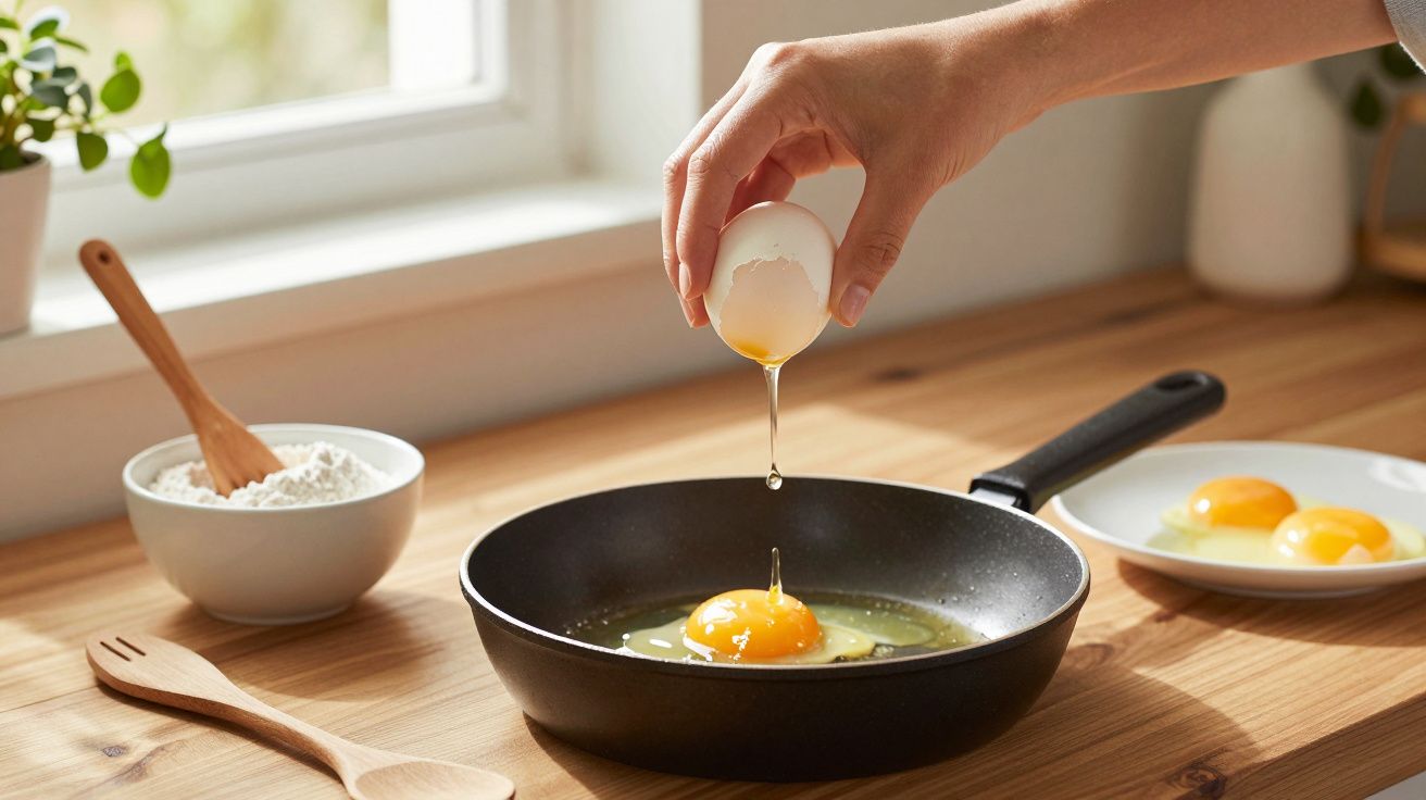 Mano rompiendo un huevo en una sartén en la cocina, con ingredientes y utensilios cercanos.
