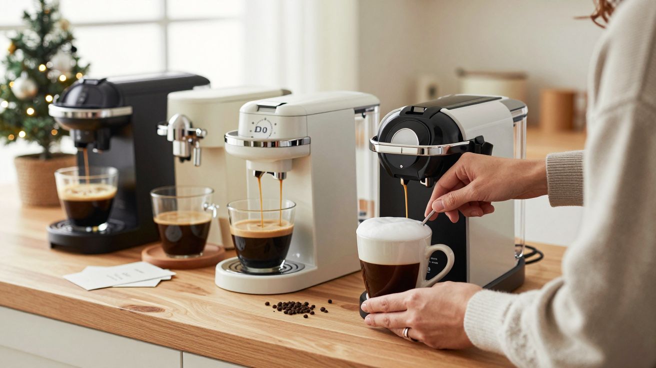 Máquinas de café en una encimera, con tazas llenas y una mano preparando una bebida. Árbol de Navidad al fondo.