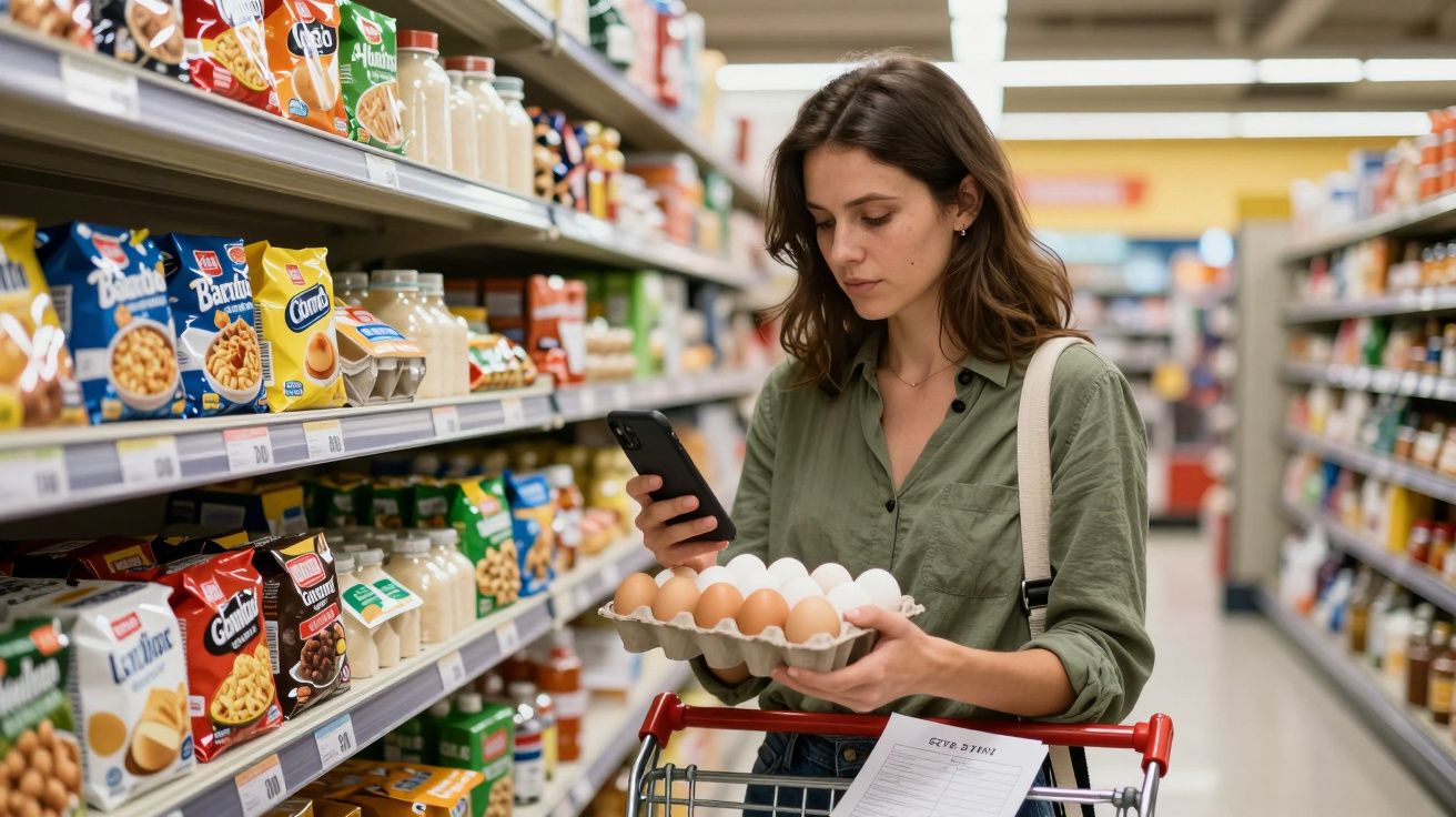 Mujer en supermercado mirando su móvil mientras sostiene una bandeja de huevos junto a un carro de compra.