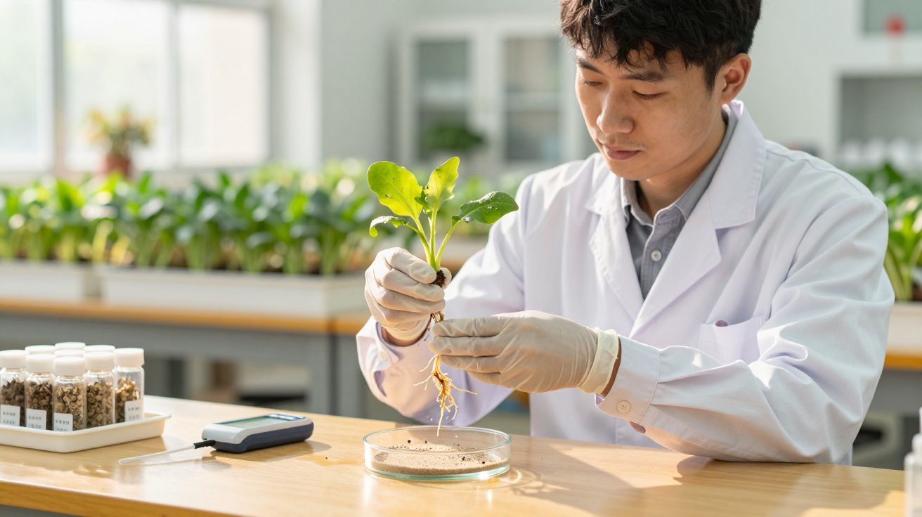 Científico en laboratorio examinando una planta con guantes, rodeado de muestras de suelo y un medidor digital.