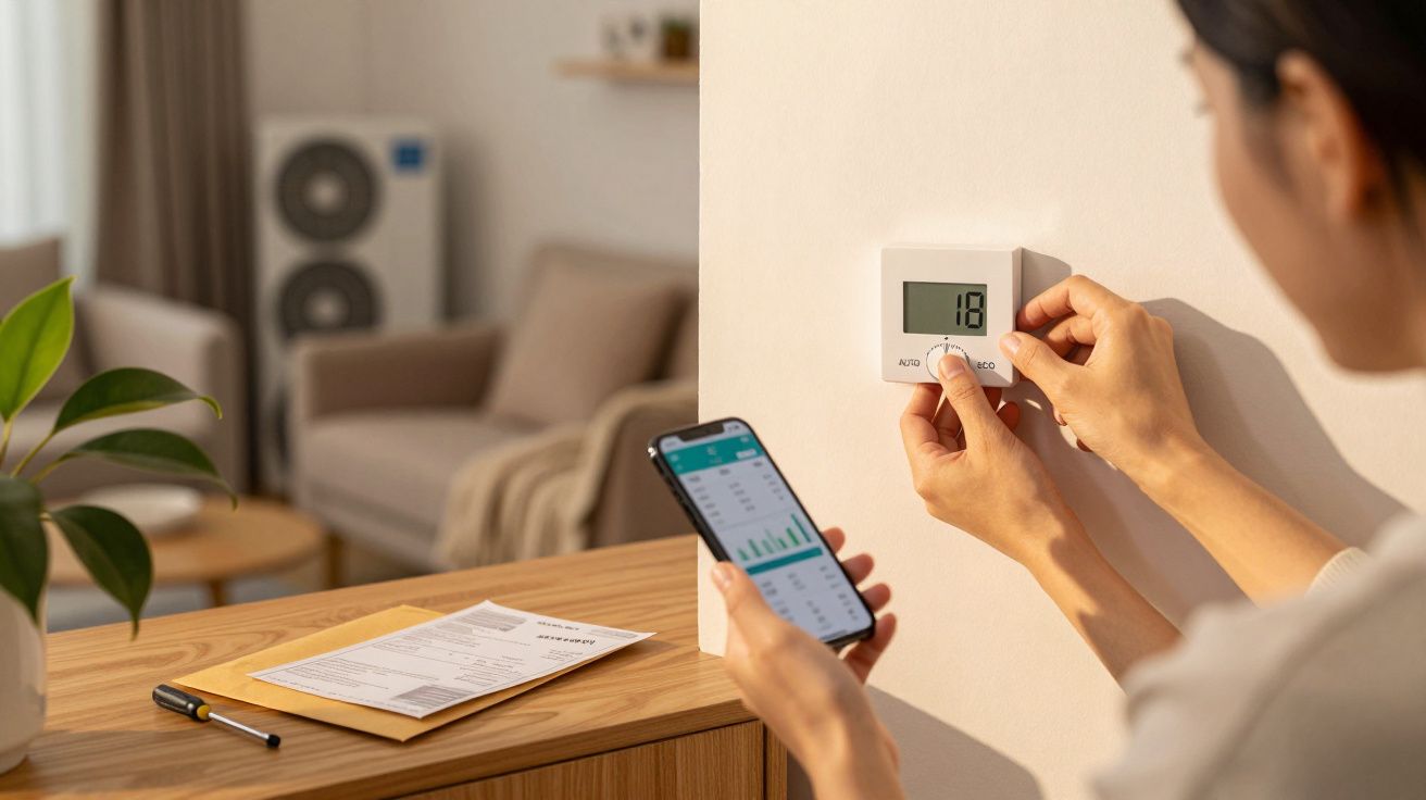 Persona ajustando un termostato en la pared mientras sostiene un móvil, interior moderno y planta decorativa al fondo.