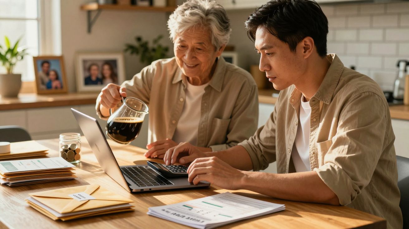 Persona mayor y joven trabajando juntos en una cocina, usando un ordenador y calculadora, con café y sobres en la mesa.