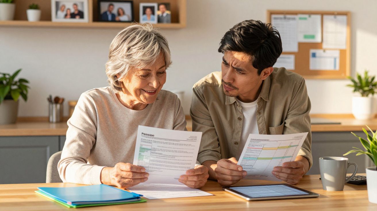 Persona mayor y hombre joven revisan documentos en una cocina, acompañados de una tablet y una taza.