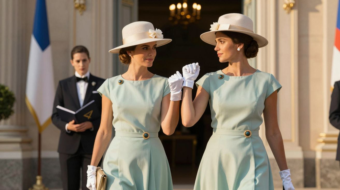 Dos mujeres vestidas de verde pastel con sombreros blancos y guantes, de pie juntas, en un entorno elegante.