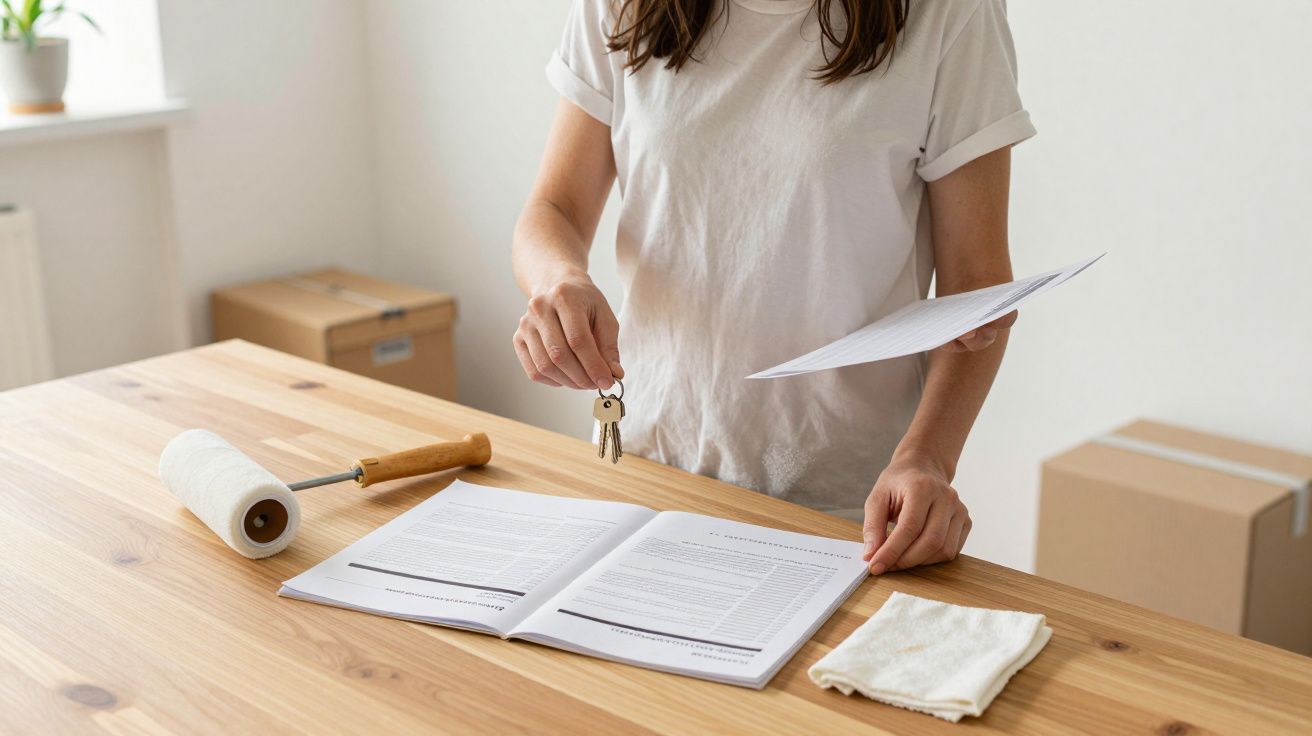Persona con llaves, contrato y rodillo adhesivo en mesa de madera, con cajas de cartón al fondo.