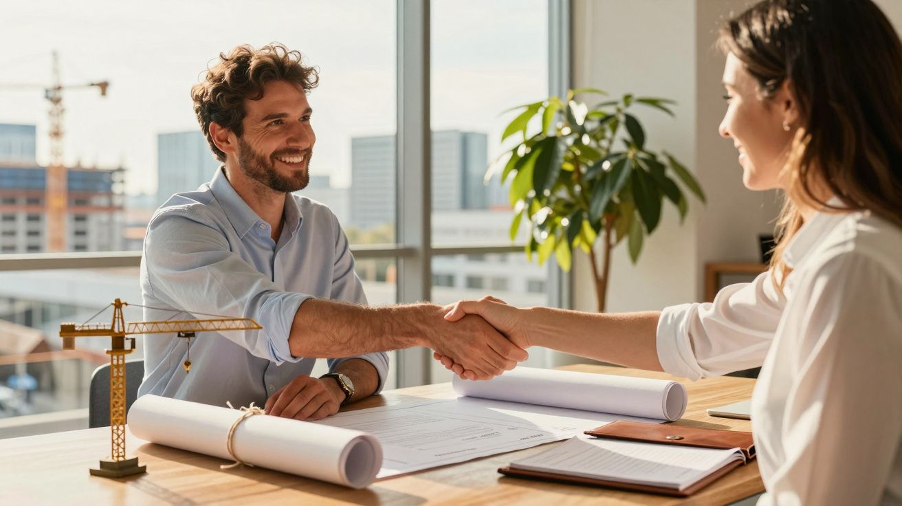 Hombre y mujer de negocios estrechando manos en una oficina luminosa, con planos en la mesa.