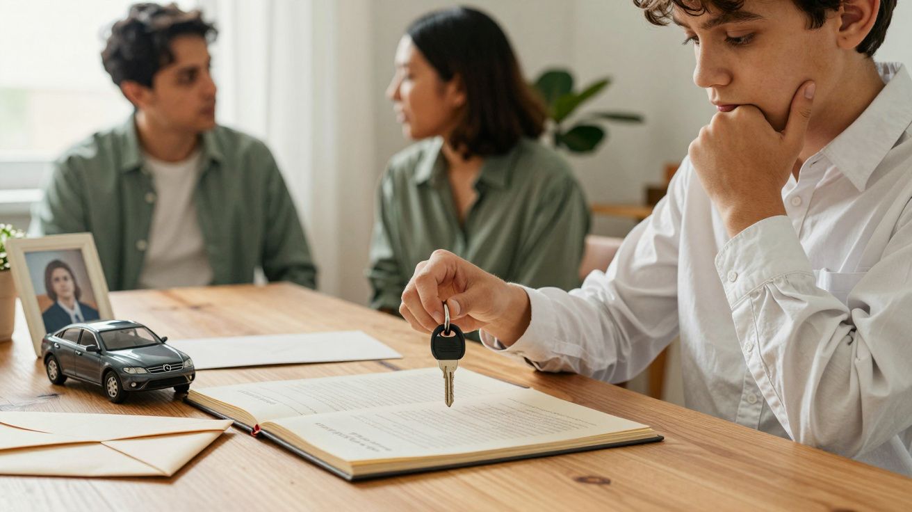 Joven sostiene llaves sobre libro, mientras dos personas conversan al fondo. Hay una maqueta de coche y una foto enmarcada.