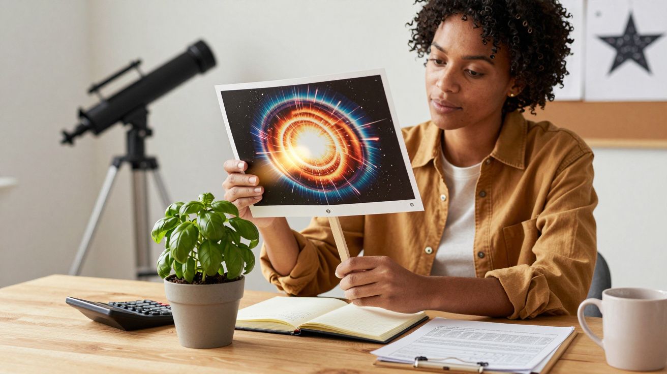 Persona observando una imagen cósmica en una hoja, sentada en un escritorio con telescopio y planta.