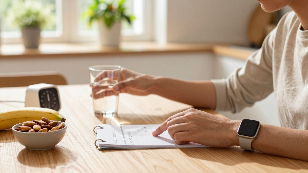 Persona en mesa de madera con vaso de agua, cuenco de almendras y plátano, revisando lista en papel.