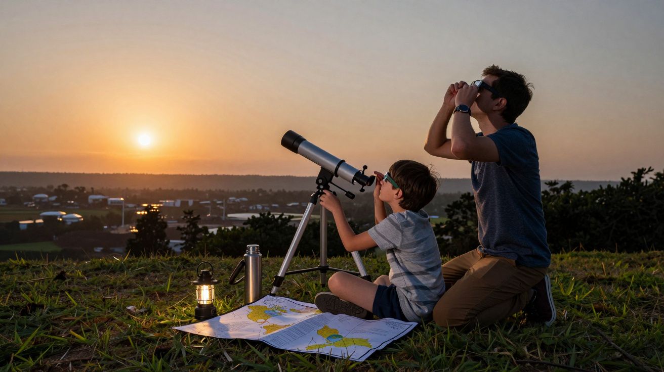 Padre e hijo observan el atardecer con telescopio y prismáticos en una colina, junto a mapas y linterna.