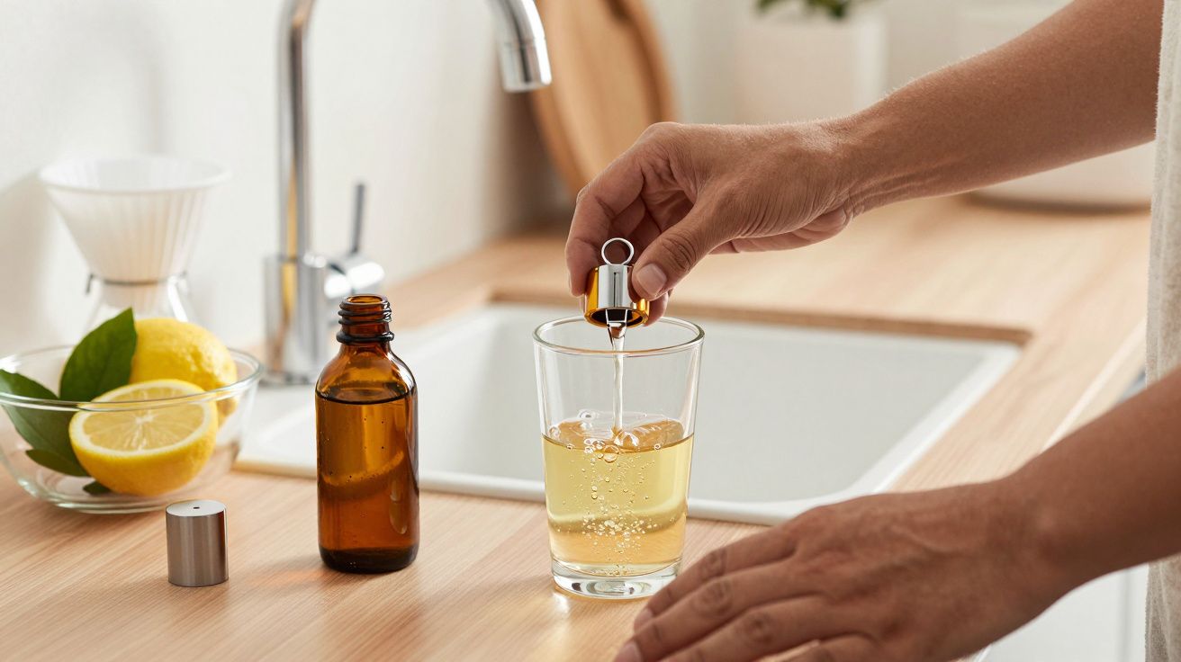 Mano añadiendo gotas en un vaso de agua, botella de vidrio y limón sobre la encimera de una cocina.