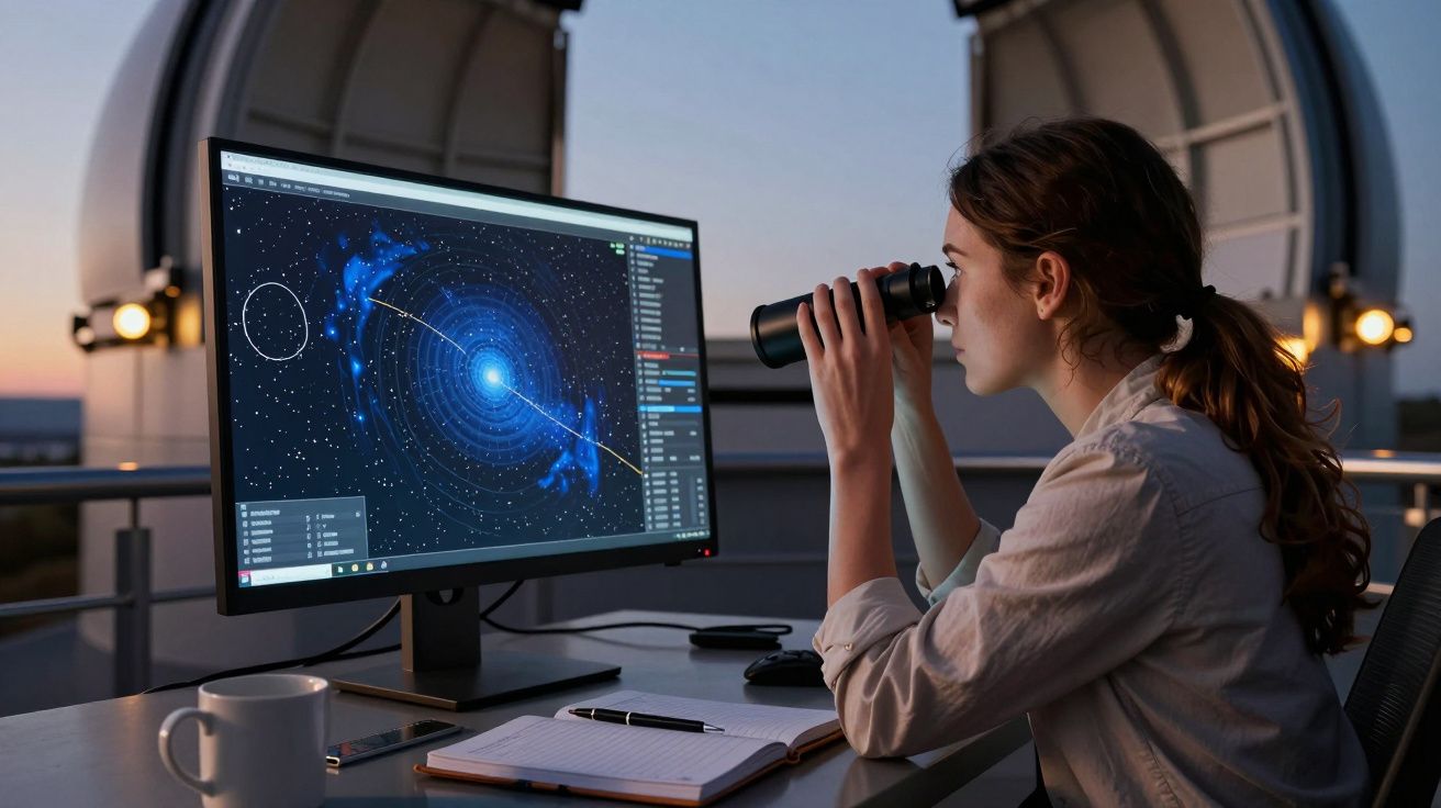 Mujer mirando con prismáticos, sentado frente a un ordenador con gráficos astronómicos, en un observatorio al atardecer.