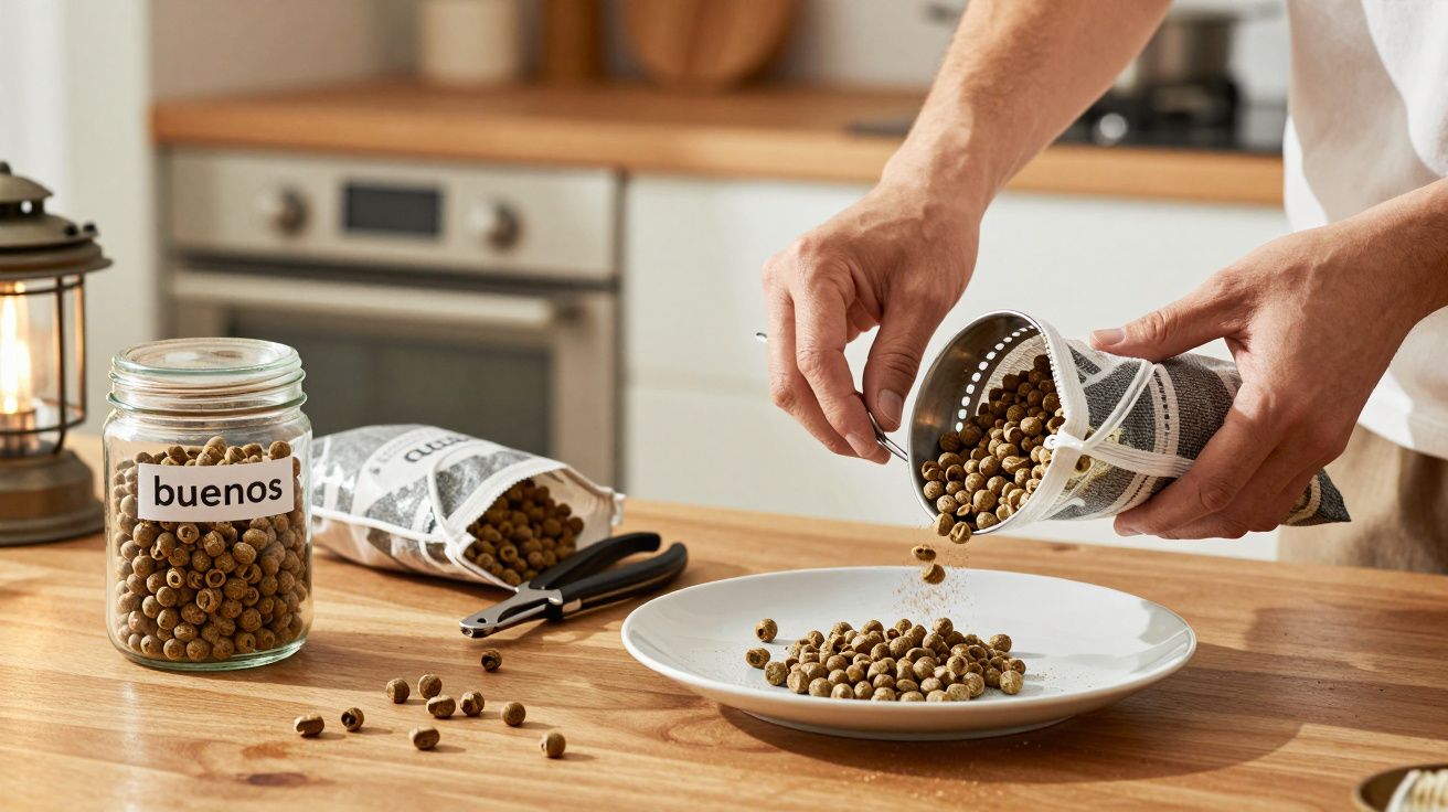 Hombre vertiendo pienso en un plato. Tarro con etiqueta "buenos" y bolsa con más pienso en una cocina moderna.