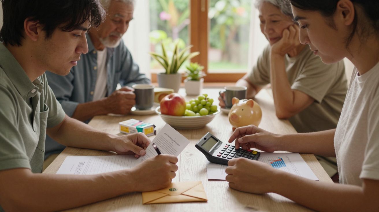 Personas planificando finanzas en mesa con calculadora y documentos, rodeadas de alimentos y plantas.