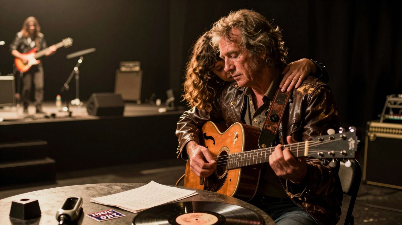 Hombre tocando guitarra acústica junto a una mujer, con un vinilo y una hoja sobre la mesa, mientras otra persona toca guitar