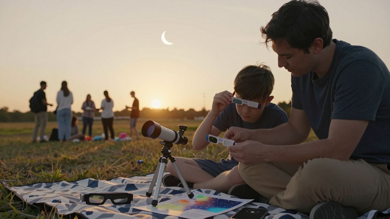 Padre e hijo observan el cielo con gafas especiales junto a un telescopio en el campo, al anochecer. Personas al fondo.
