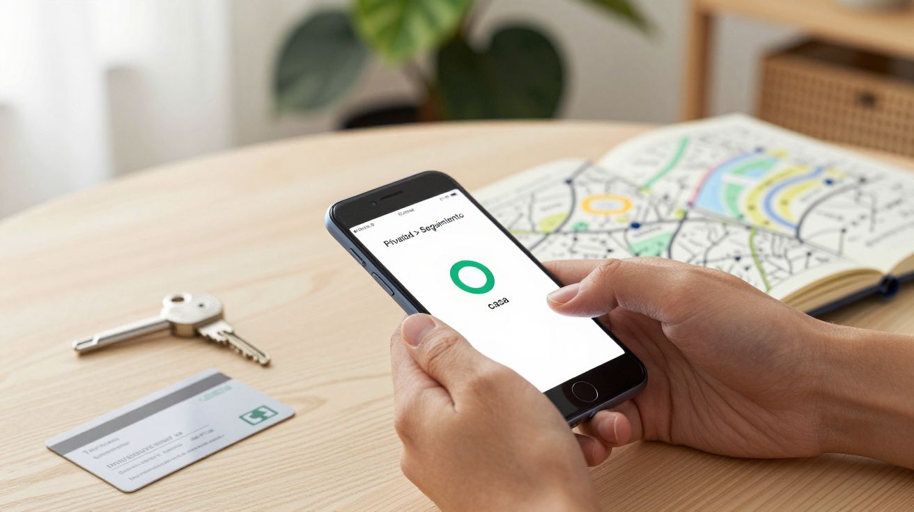 Persona sosteniendo móvil con app "Privacidad y Seguridad" frente a mapa, llaves y tarjeta sobre mesa.