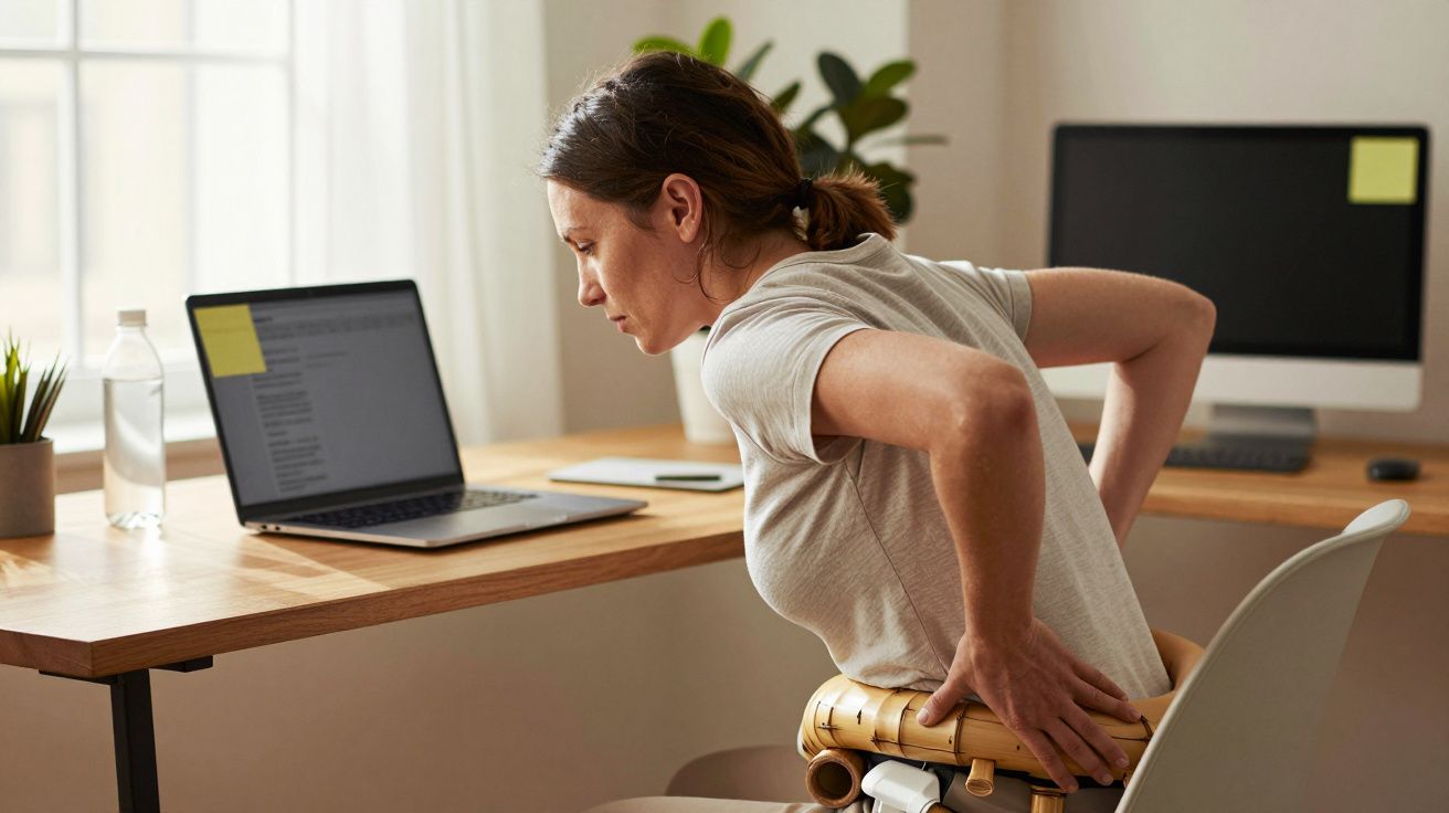 Mujer sentada en su oficina con dolor de espalda, apoyando sus manos en la zona lumbar junto a su portátil.