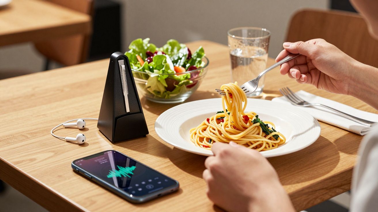 Persona comiendo espaguetis con ensalada, móvil y metrónomo sobre la mesa.