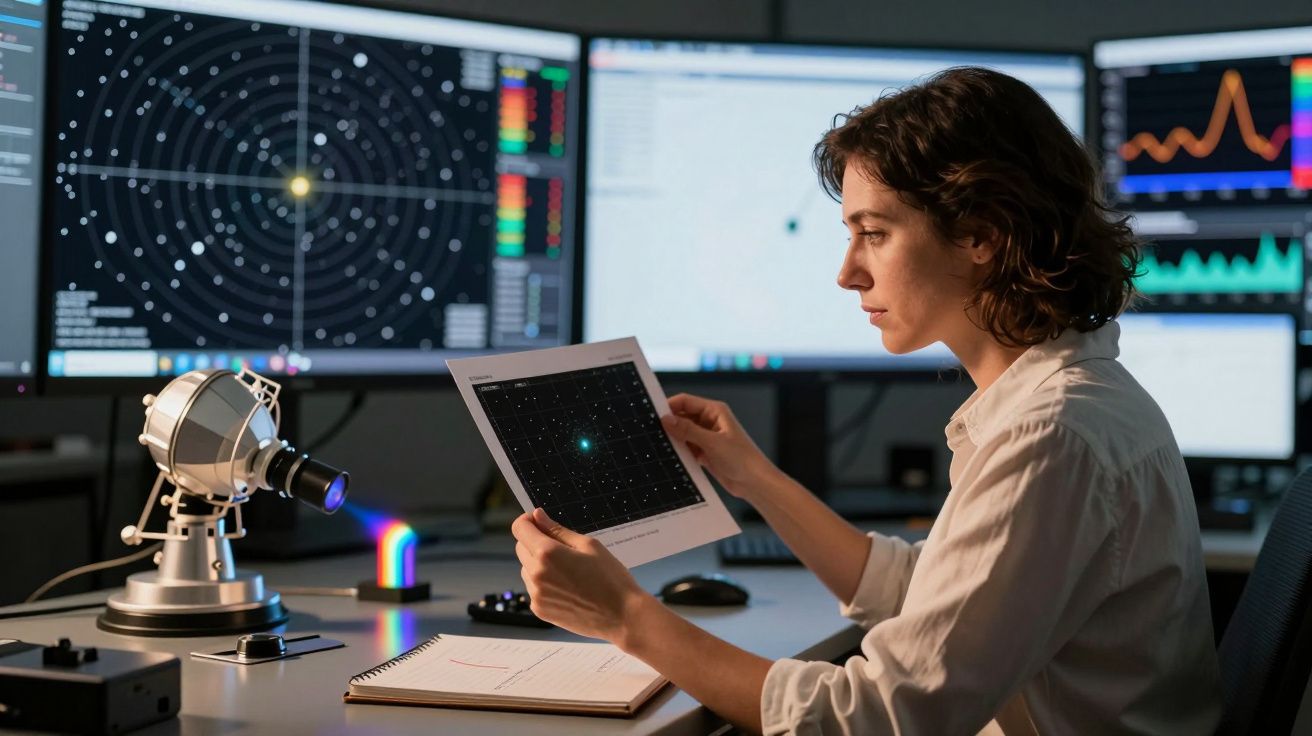 Científica analiza gráficos estelares en papeles y pantallas. Telescopio y cuaderno en mesa. Pantallas muestran datos.